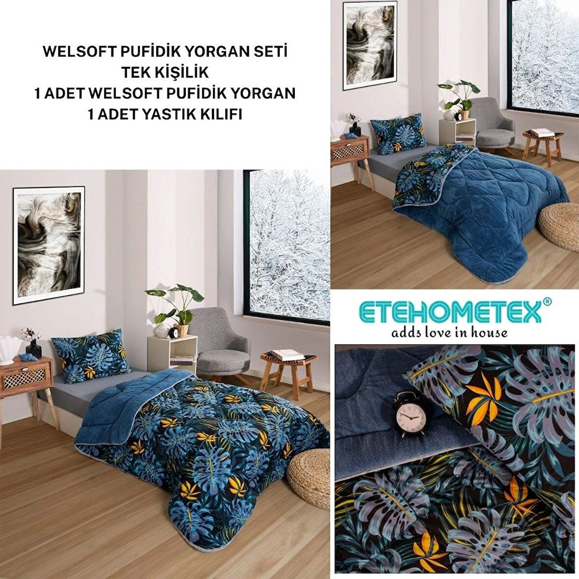 ETE HOMETEX TEK KİŞİLİK LÜX WELSOFT YORGAN SETİ MONESTERA İNDİGO 155X215CM 8696474231888