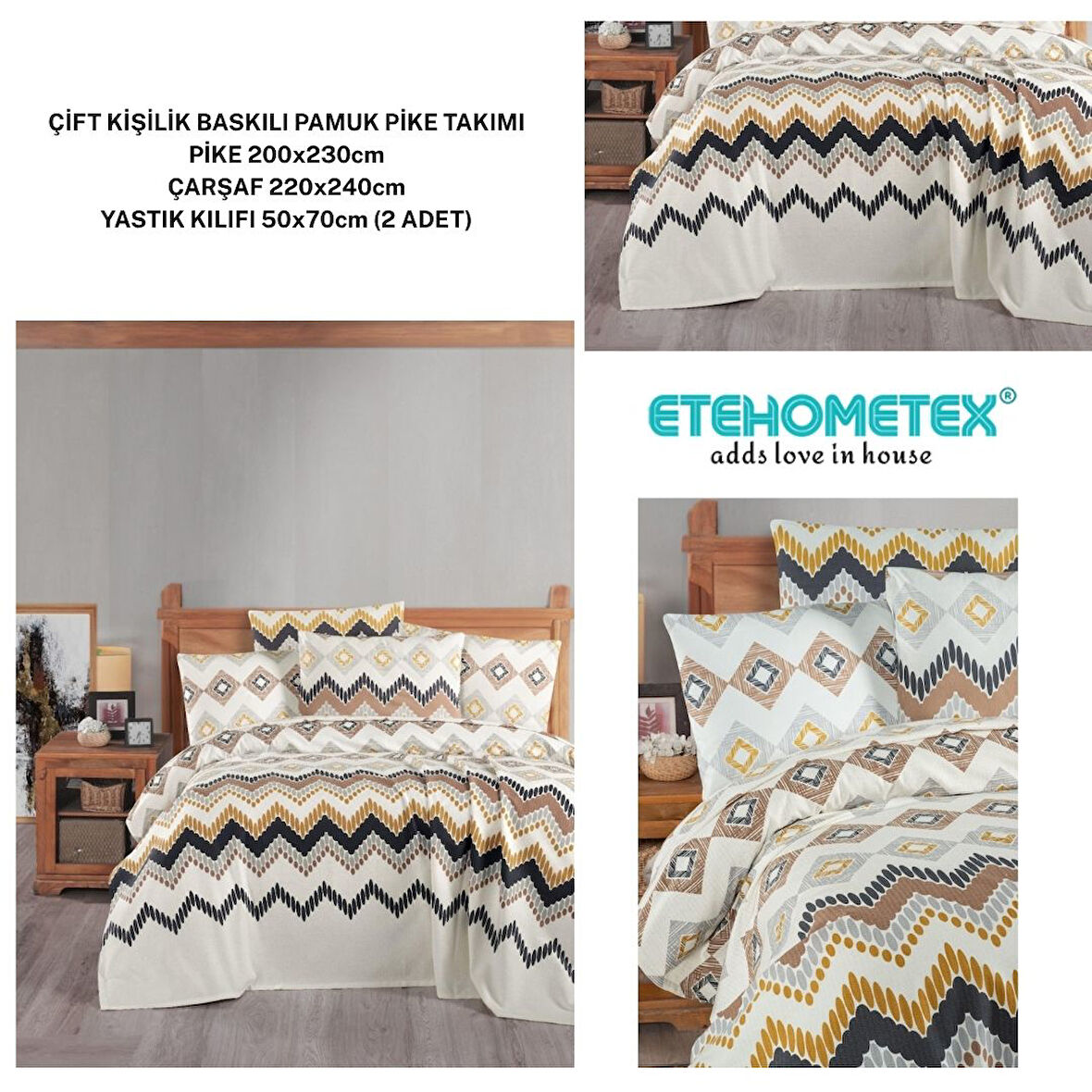 ETEHOMETEX ÇİFT KİŞİLİK BASKILI PAMUK PİKE TAKIMI COZA  8696474231922