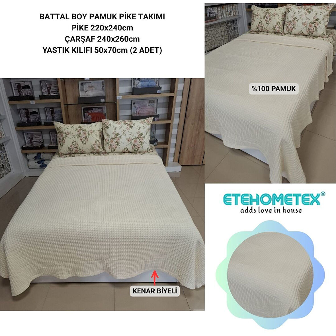 ETEHOMETEX ÇİFT KİŞİLİK HAVUZLU PİKE TAKIMI KREM ÇİÇEKLİ 8696474231927