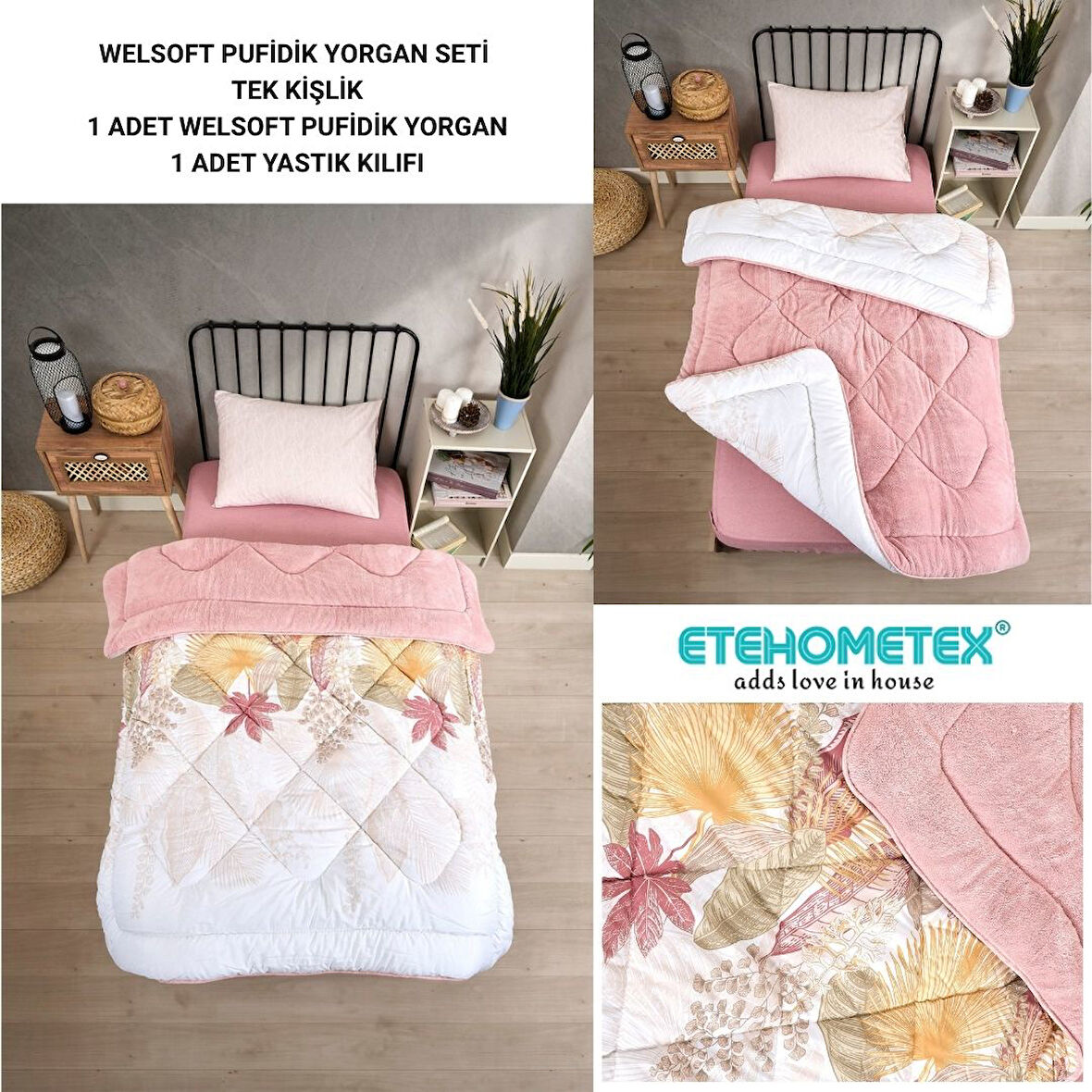 ETE HOMETEX TEK KİŞİLİK LÜX WELSOFT YORGAN SETİ ALENA PUDRA 155X215CM 8696474231928