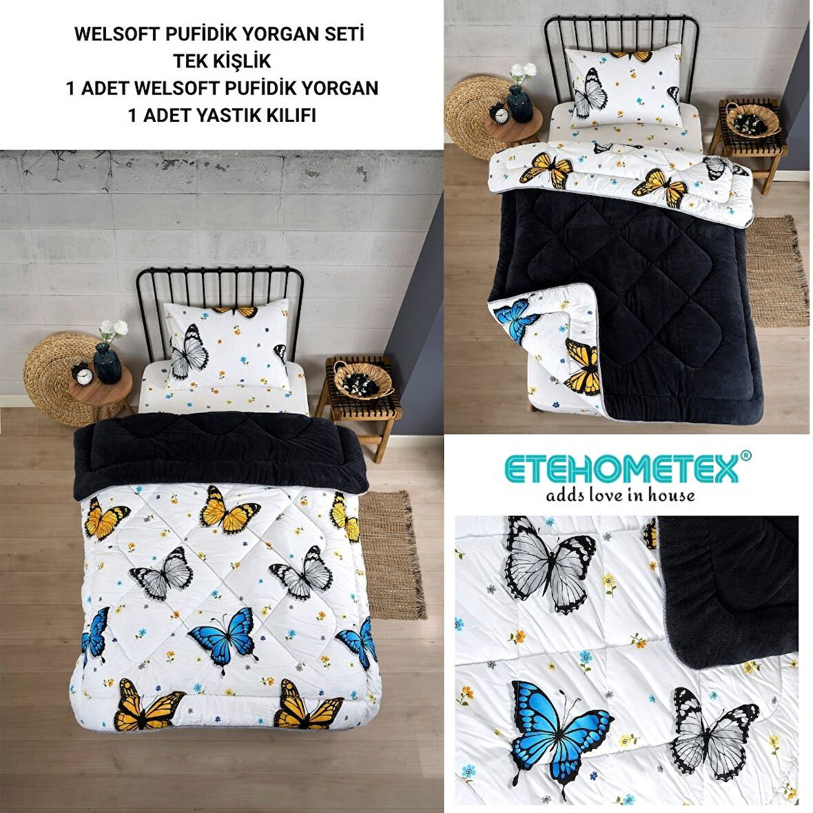 ETE HOMETEX TEK KİŞİLİK LÜX WELSOFT YORGAN SETİ KELEBEK ANTRASİT 155X215CM 8696474231929