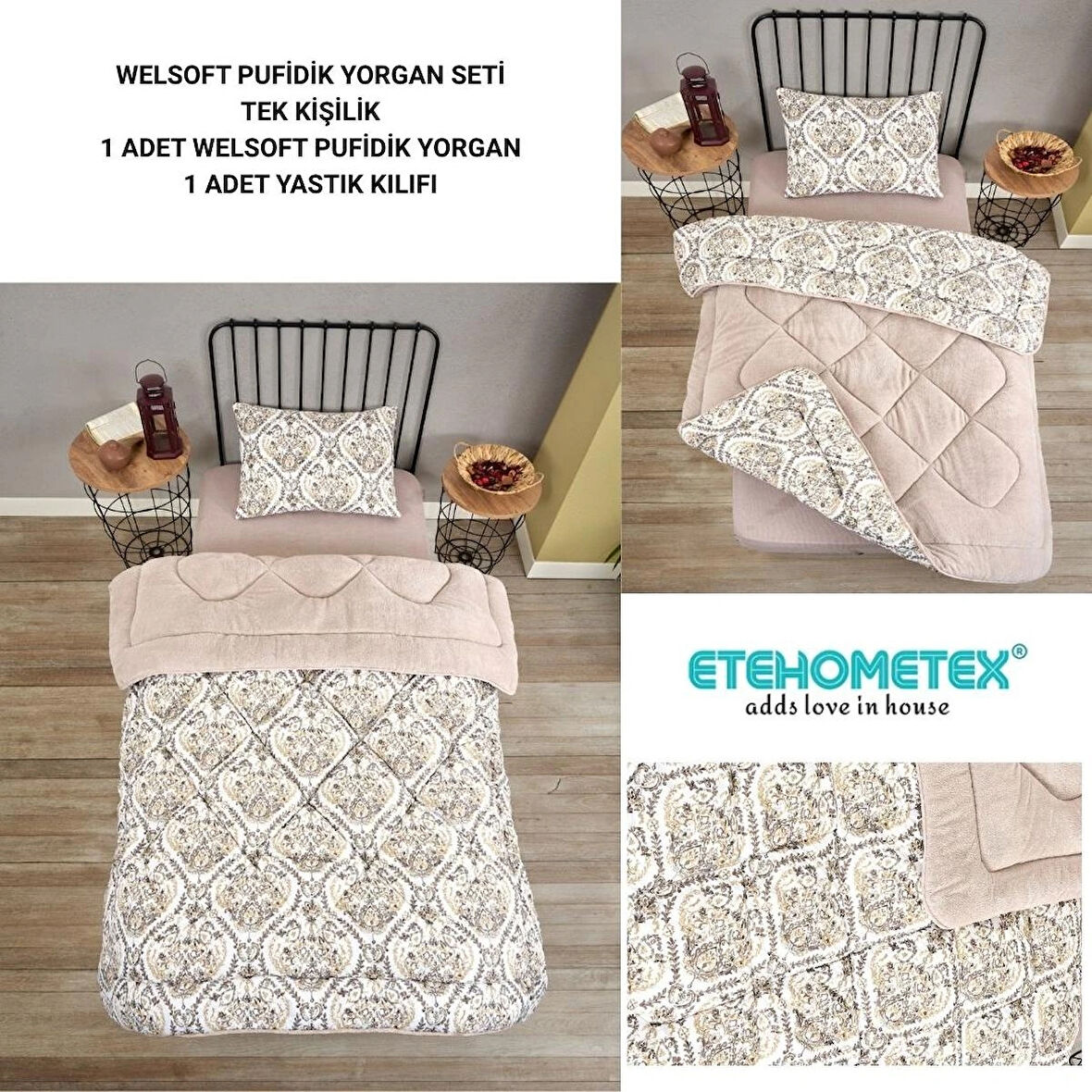 ETE HOMETEX TEK KİŞİLİK LÜX WELSOFT YORGAN SETİ AKSU BEJ 155X215CM 8696474231931