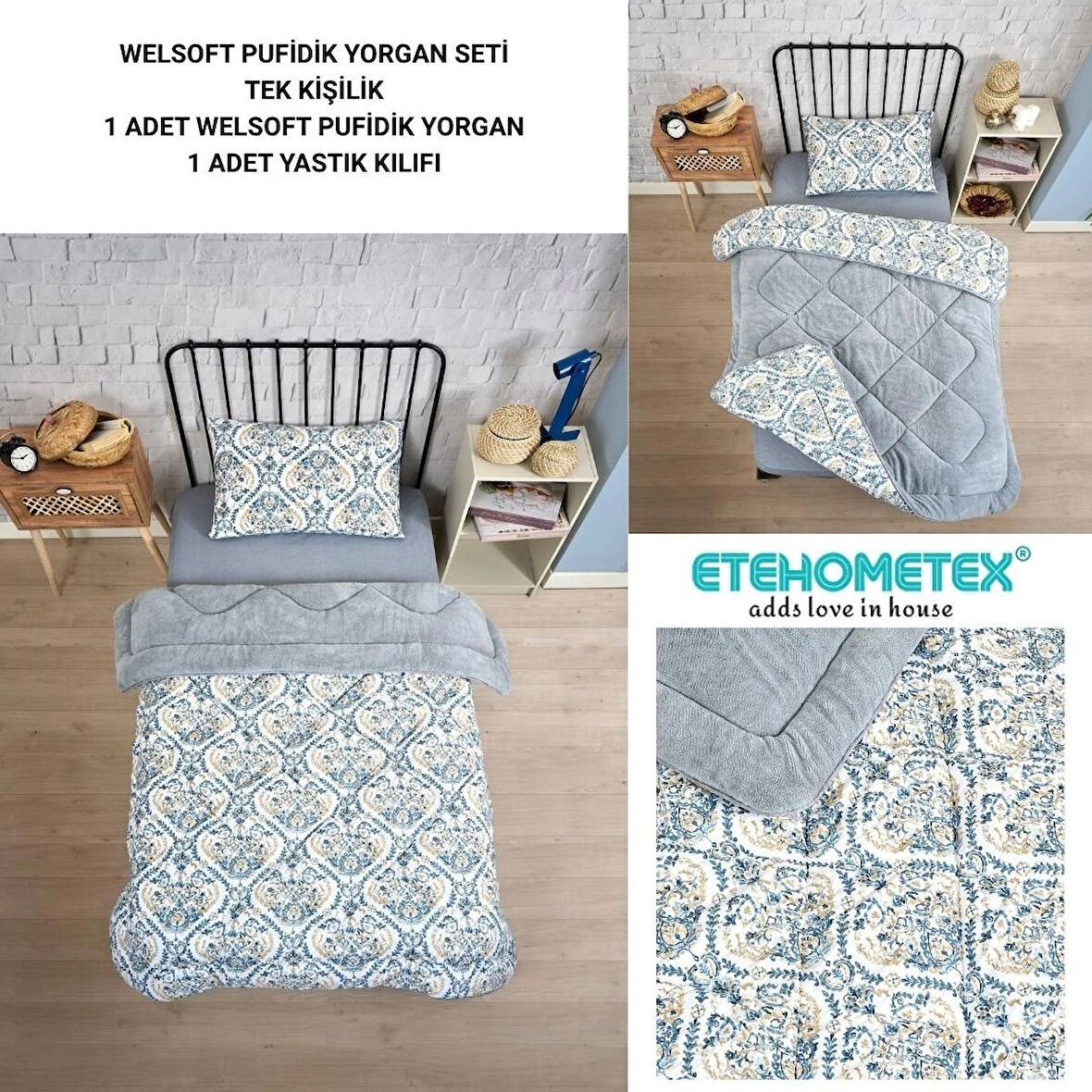 ETE HOMETEX TEK KİŞİLİK LÜX WELSOFT YORGAN SETİ AKSU GRİ 155X215CM 8696474231932
