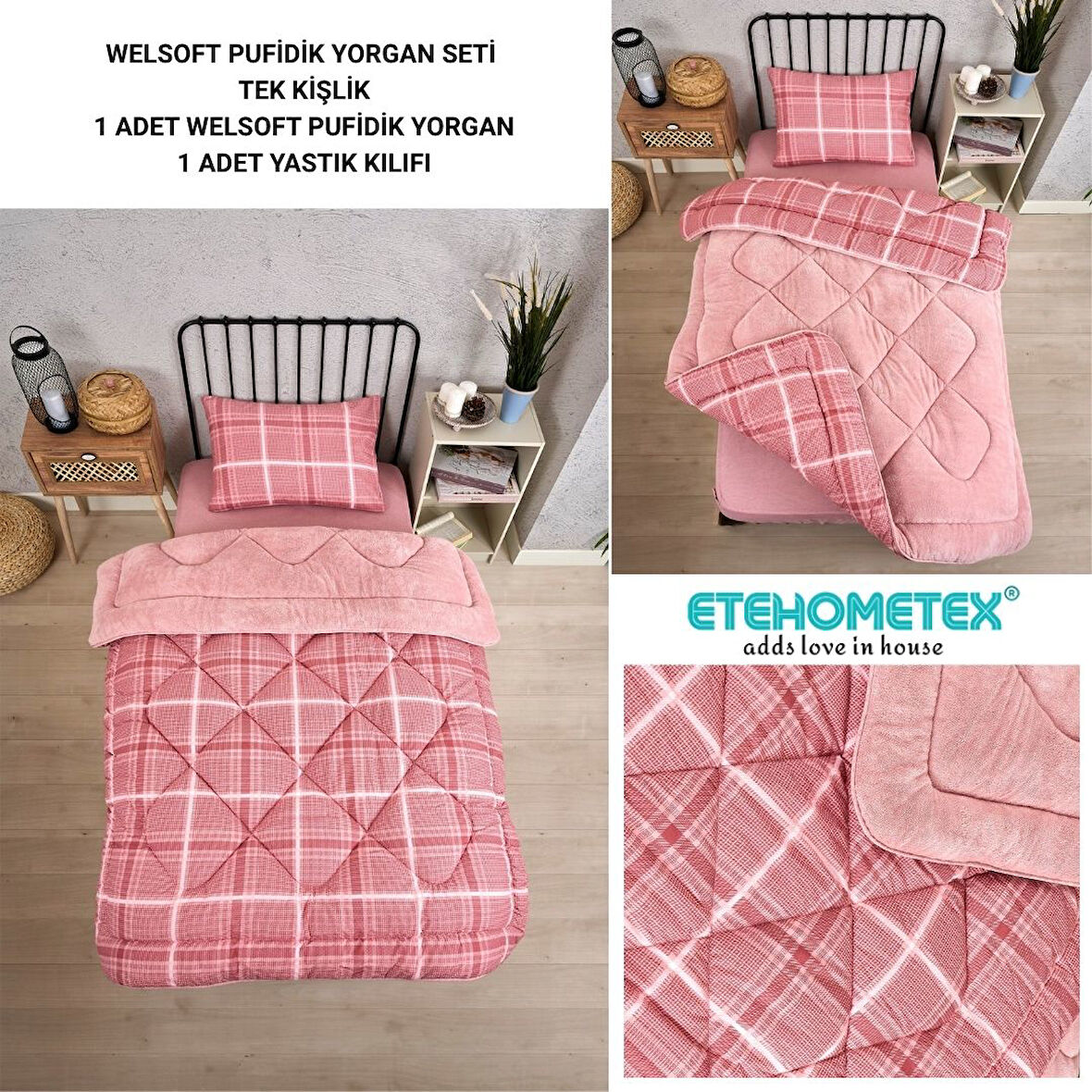 ETE HOMETEX TEK KİŞİLİK LÜX WELSOFT YORGAN SETİ SAFİR PUDRA 155X215CM 8696474231934
