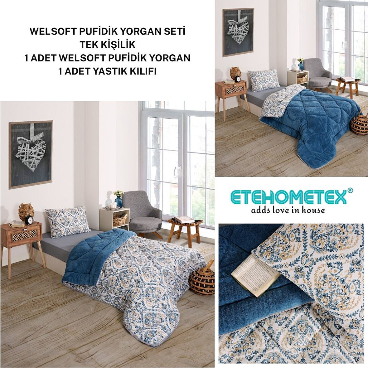 ETE HOMETEX TEK KİŞİLİK LÜX WELSOFT YORGAN SETİ AKSU İNDİGO 155X215CM 8696474231958