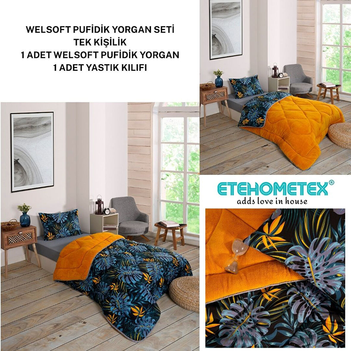 ETE HOMETEX TEK KİŞİLİK LÜX WELSOFT YORGAN MONESTERA HARDAL 155X215CM 8696474231960