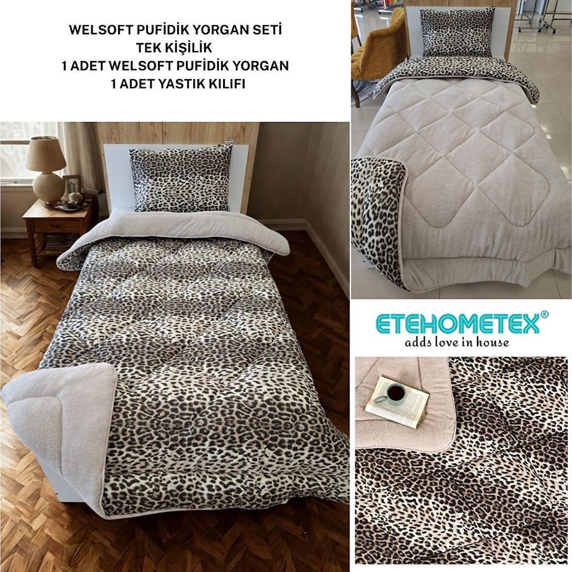 ETE HOMETEX TEK KİŞİLİK LÜX WELSOFT YORGAN SETİ LEOPAR BEJ 155X215CM 8696474231961