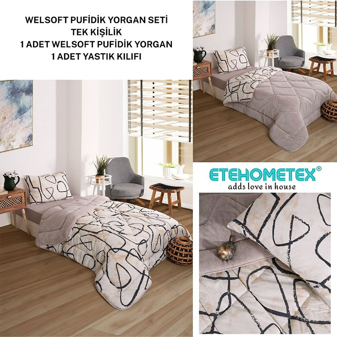 ETE HOMETEX TEK KİŞİLİK LÜX WELSOFT YORGAN SETİ EFEKT BEJ 155X215CM 8696474231964