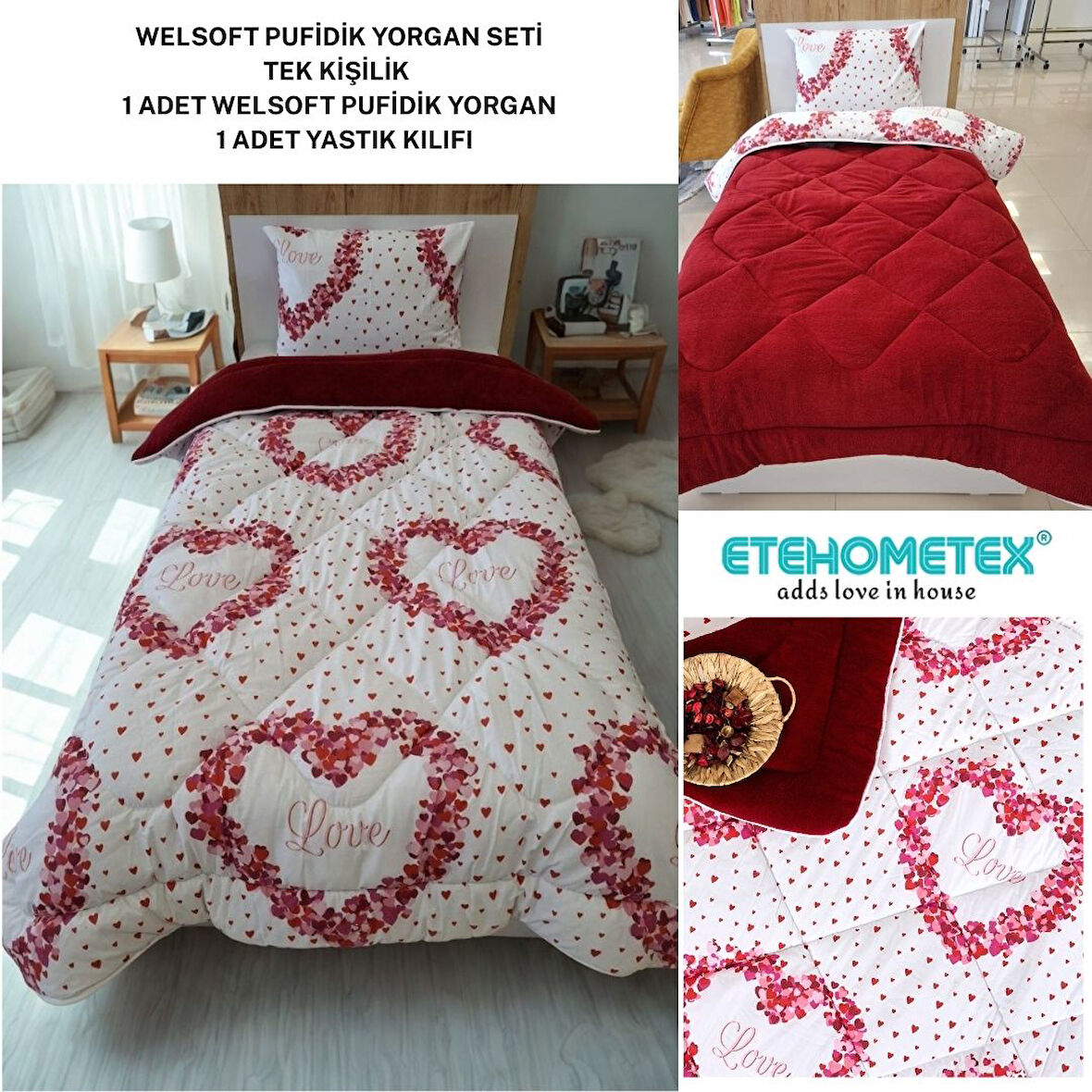 ETE HOMETEX TEK KİŞİLİK LÜX WELSOFT YORGAN SETİ LOVE BORDO 155X215CM 8696474231966