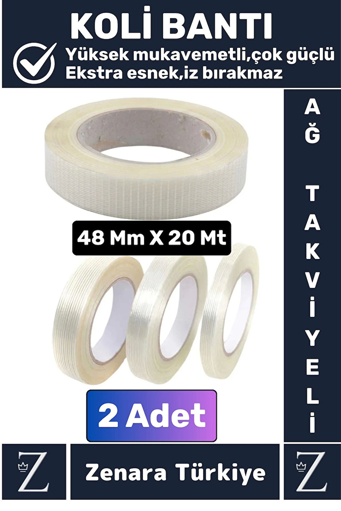 Premium Yüksek Mukavemetli İz Bırakmaz İp Ağ Takviyeli Çok Güçlü Lifli Kopmaz Koli Bandı 20 Mt X2 Ad