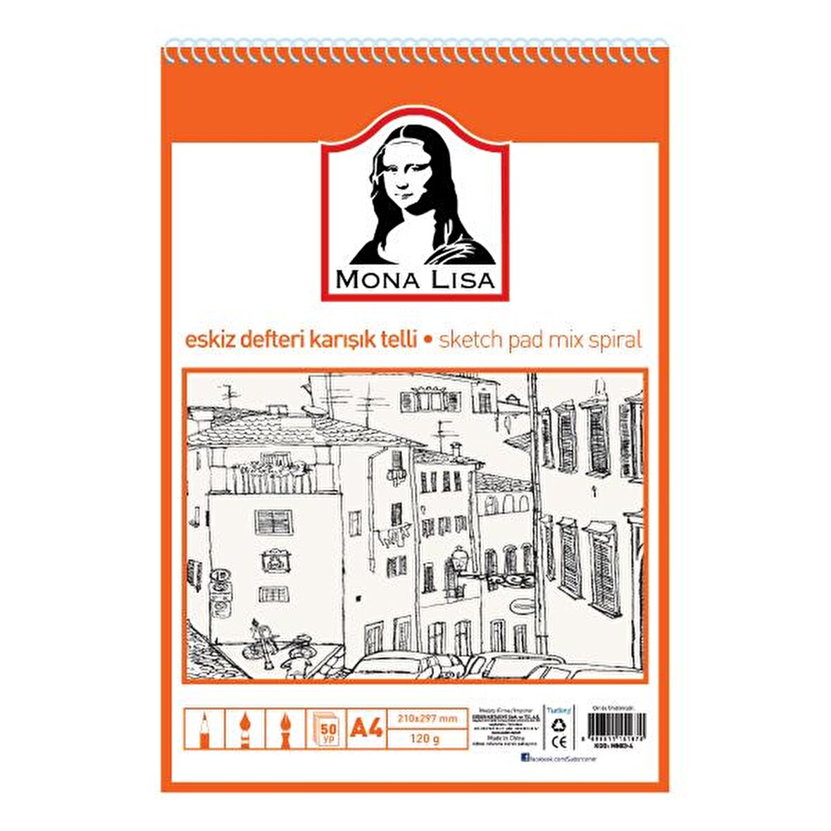 Mona Lisa Eskiz Defteri Karışık Telli A4 50 Yaprak Kod: MN03-4