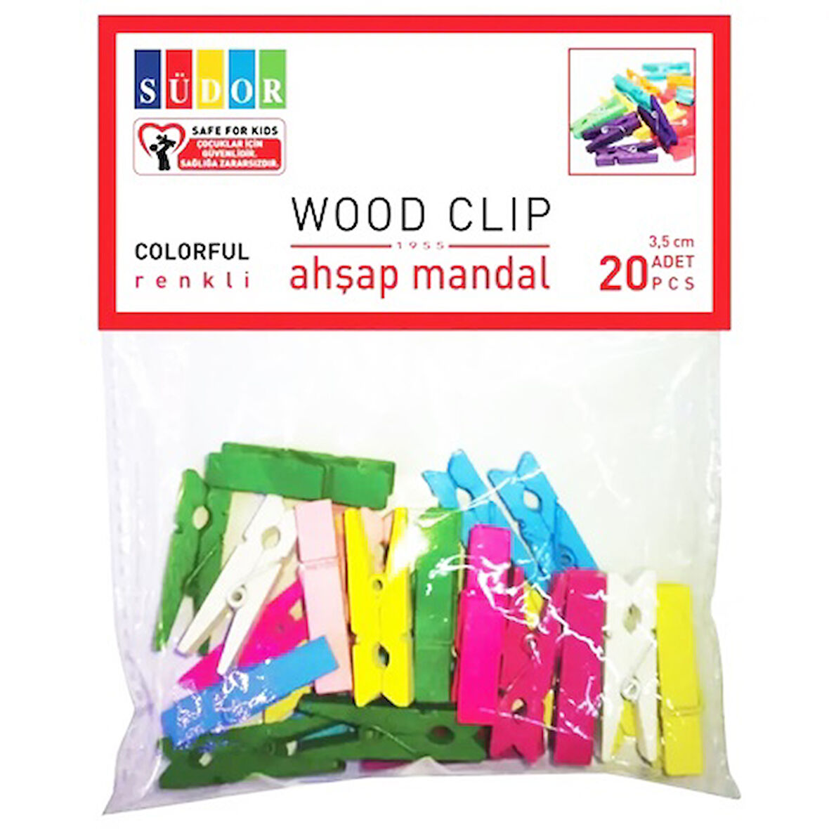 Südor Ahşap Mandal Renkli 3,5Cm 20Li - 3 paket
