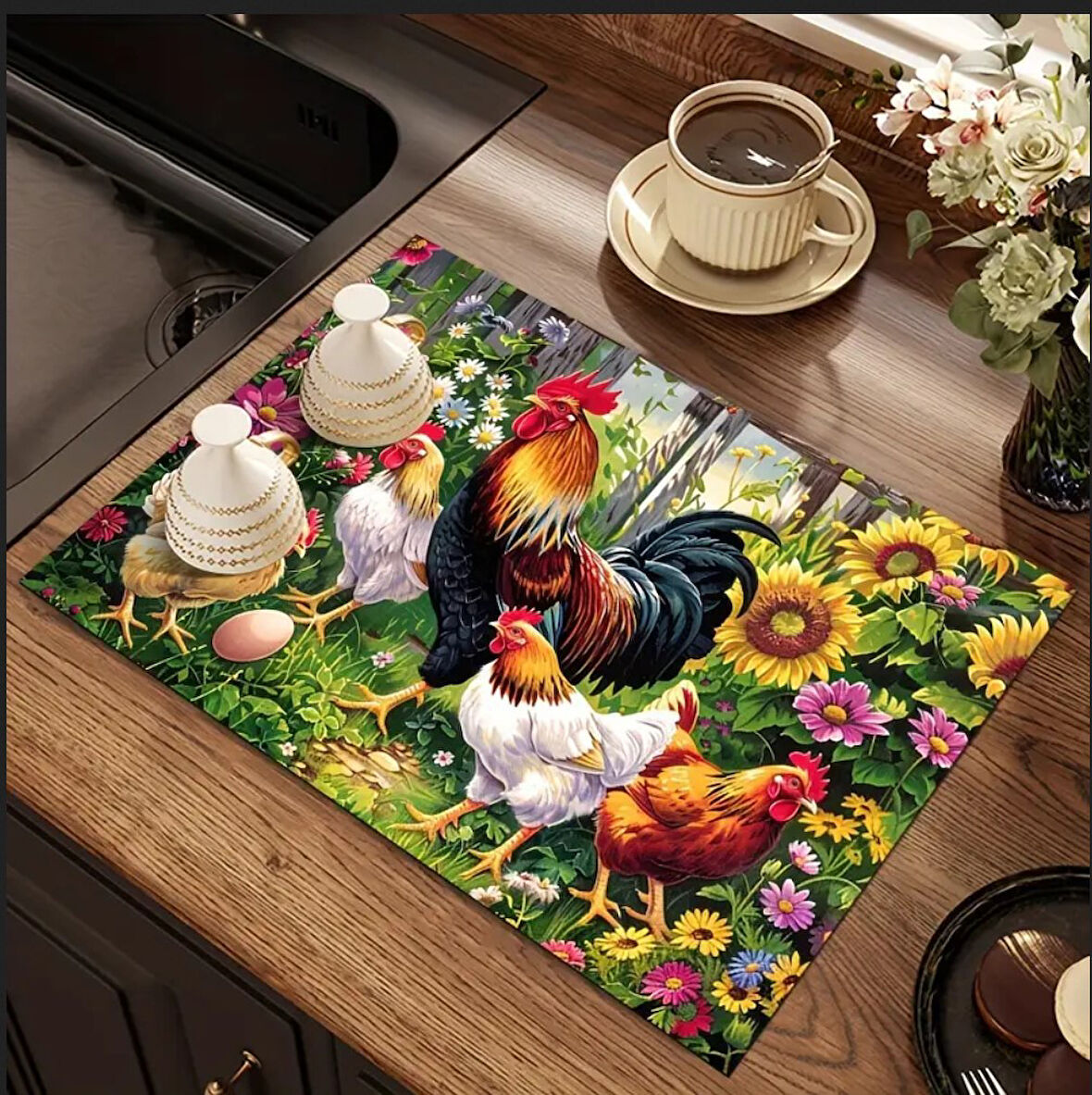 55 CM x 45 CM HOROZ VE TAVUK TASARIMI TEZGAH ÜSTÜ BULAŞIK KURUTMA MATI BULAŞIKLIK KURUTMA ÖRTÜSÜ