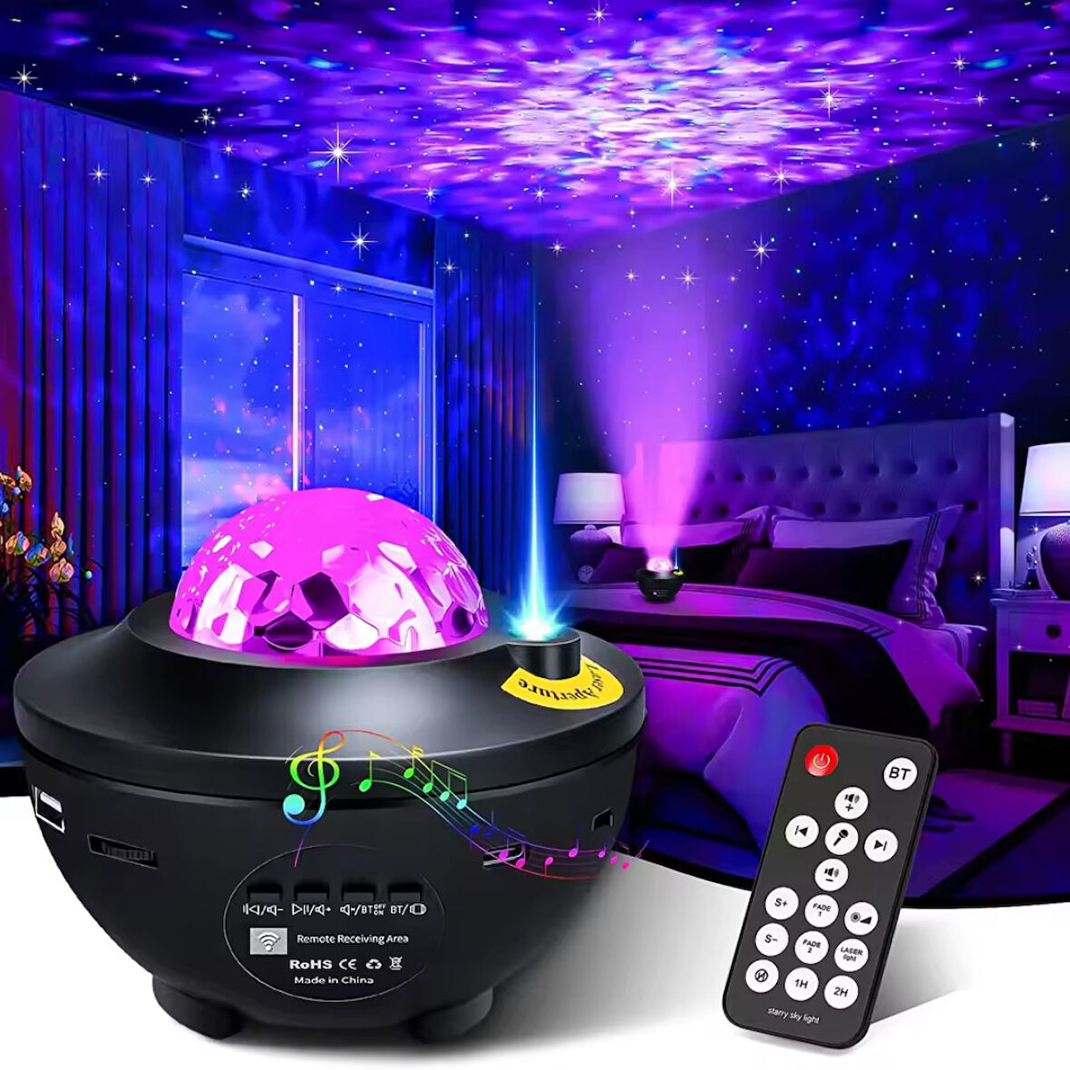 BLUETOOTHLU HOPARLÖRLÜ MÜZİKLİ PROJEKTÖRLÜ YANSITMALI ÇOCUK BEBEK ODASI GECE LAMBASI  