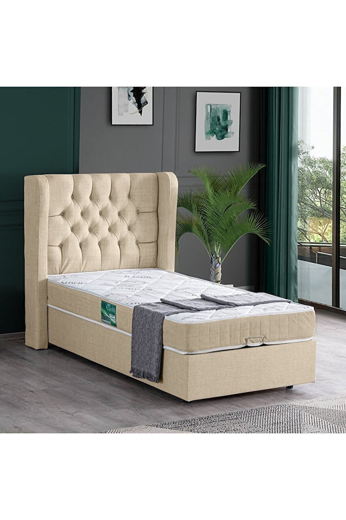 Riga Tek Kişilik Baza Başlık Comfort Yatak Seti, Krem