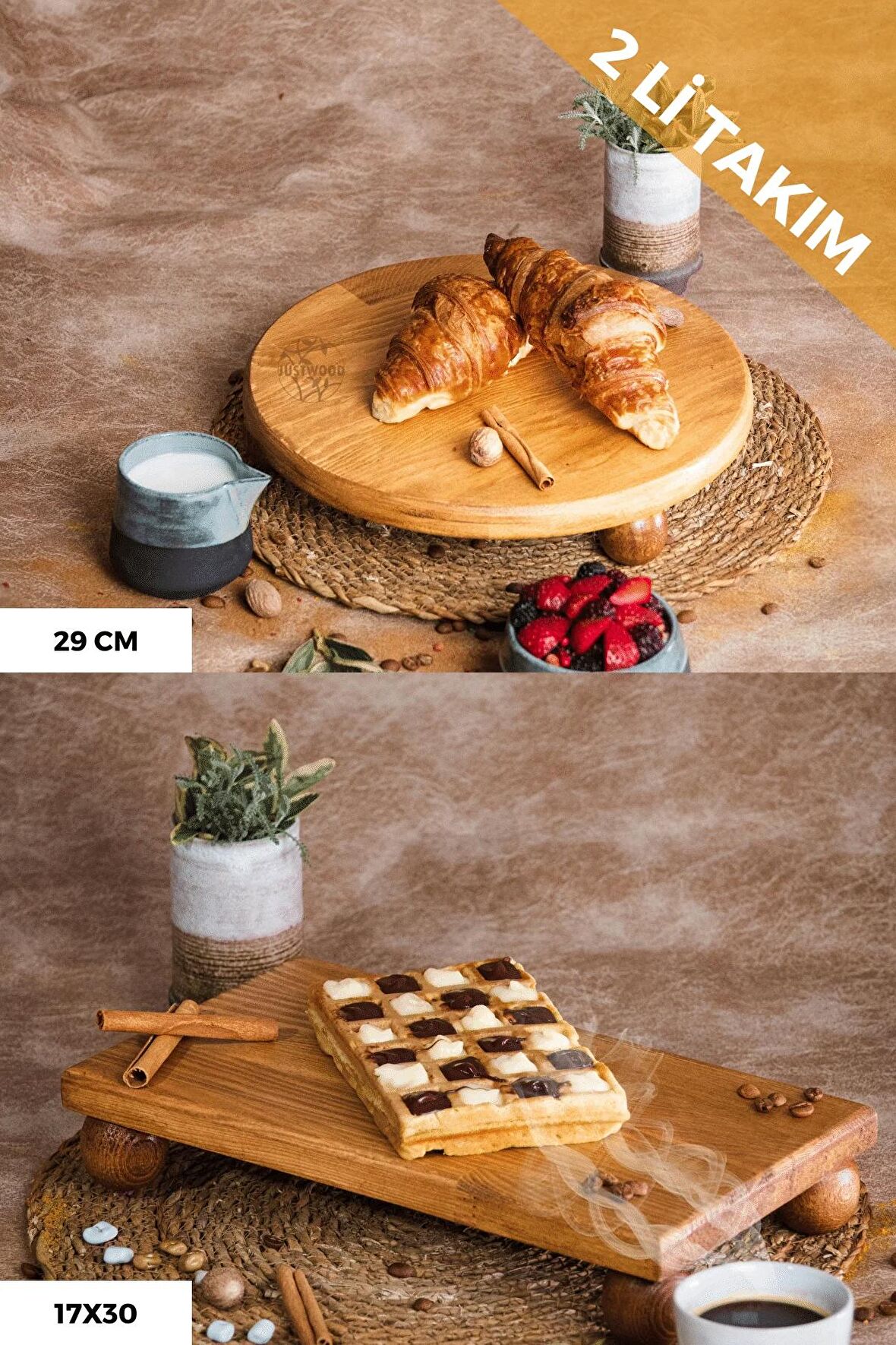 Justwood 2 Li Risus Top Ayaklı 29 Cm Ve 17x30 Cm Ahşap Dikdörtgen Pasta Sunum Servis Tabağı Seti