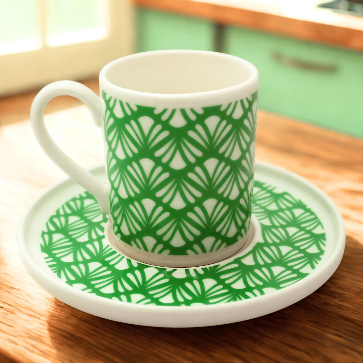 Yeşil Yaprak Desenli 6 Kişilik Porselen Kahve Fincan Takımı