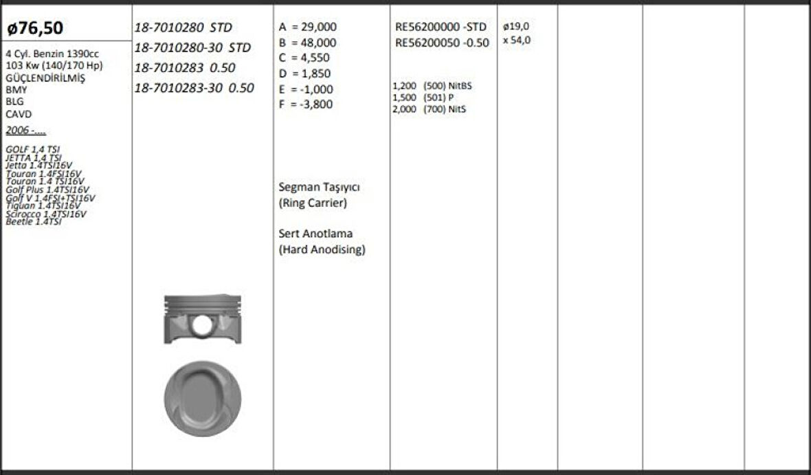Vag Piston+segman (76,51mm Std) Golf V / VI / Plus Alhamra Beetle (touran 1,4tsi / Fsi) Eos Jetta III / - Kingpiston 18-7010280