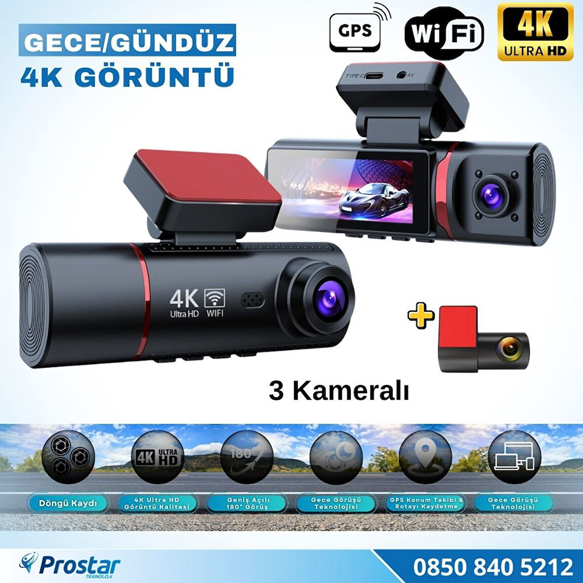 4K Ultra HD 3 Kameralı Ön, iç ve Arka Wifi GPS G-Sensör Park Modu Dashcam Kamera