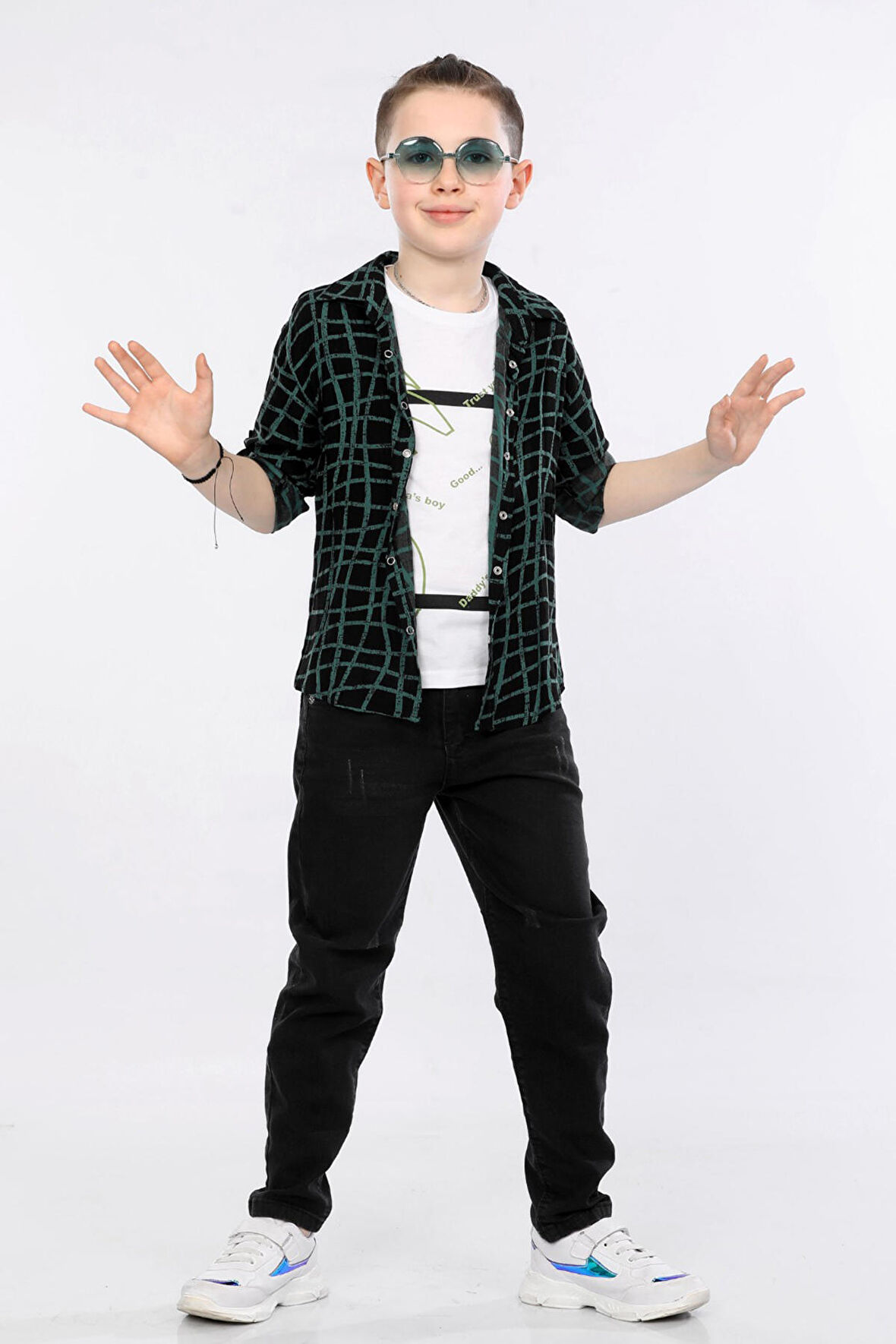 Mornio Erkek Çocuk 3'lü Takım  Desenli Gömlek, Tişört ve Kot Pantolon MRN2434