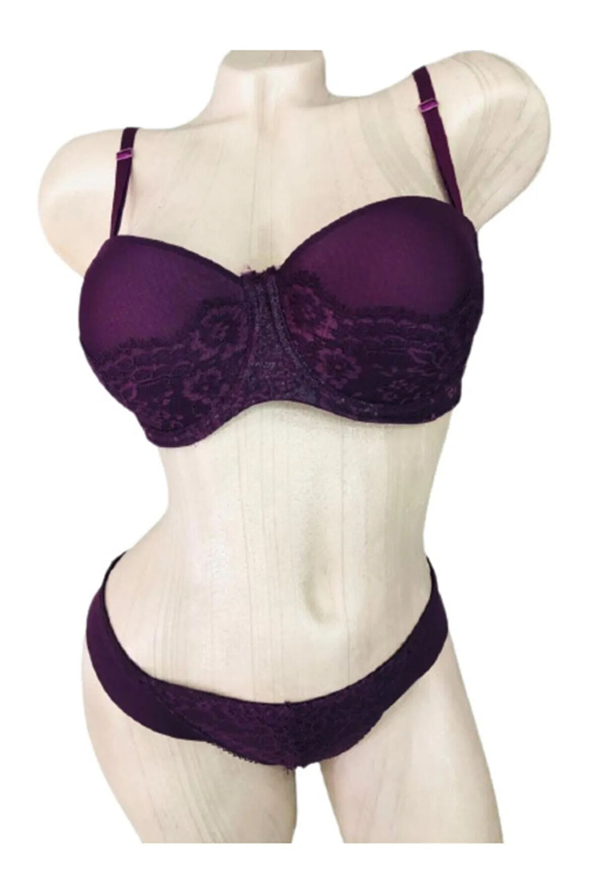 Dantelli Destekli Straplez Sütyen Takımı - Mor 4518