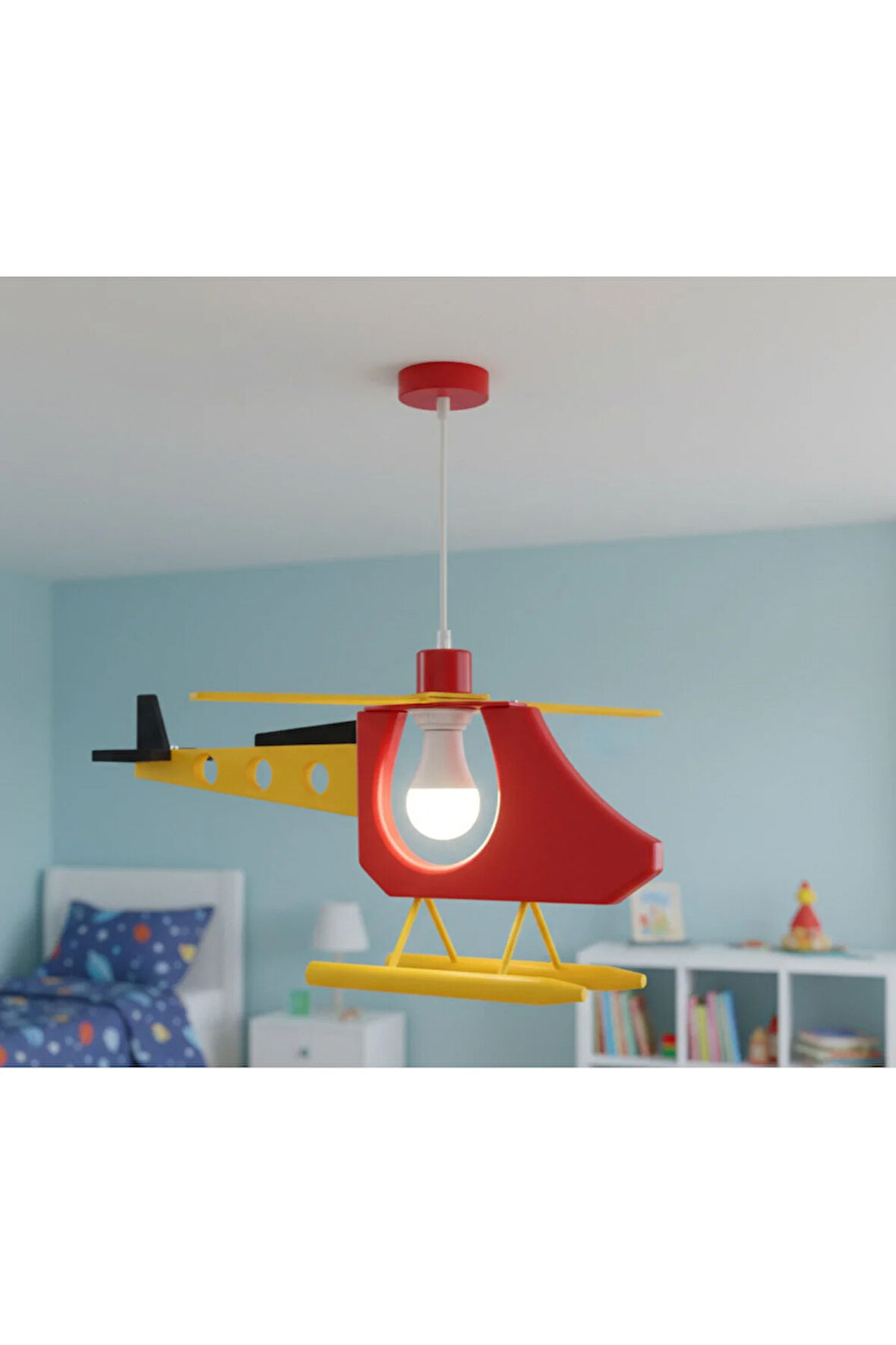 KDF001H ÇOCUK ODASI HELİKOPTER SARKIT AVİZE — RENKLİ TASARIM / E27 DUY - KIRMIZI