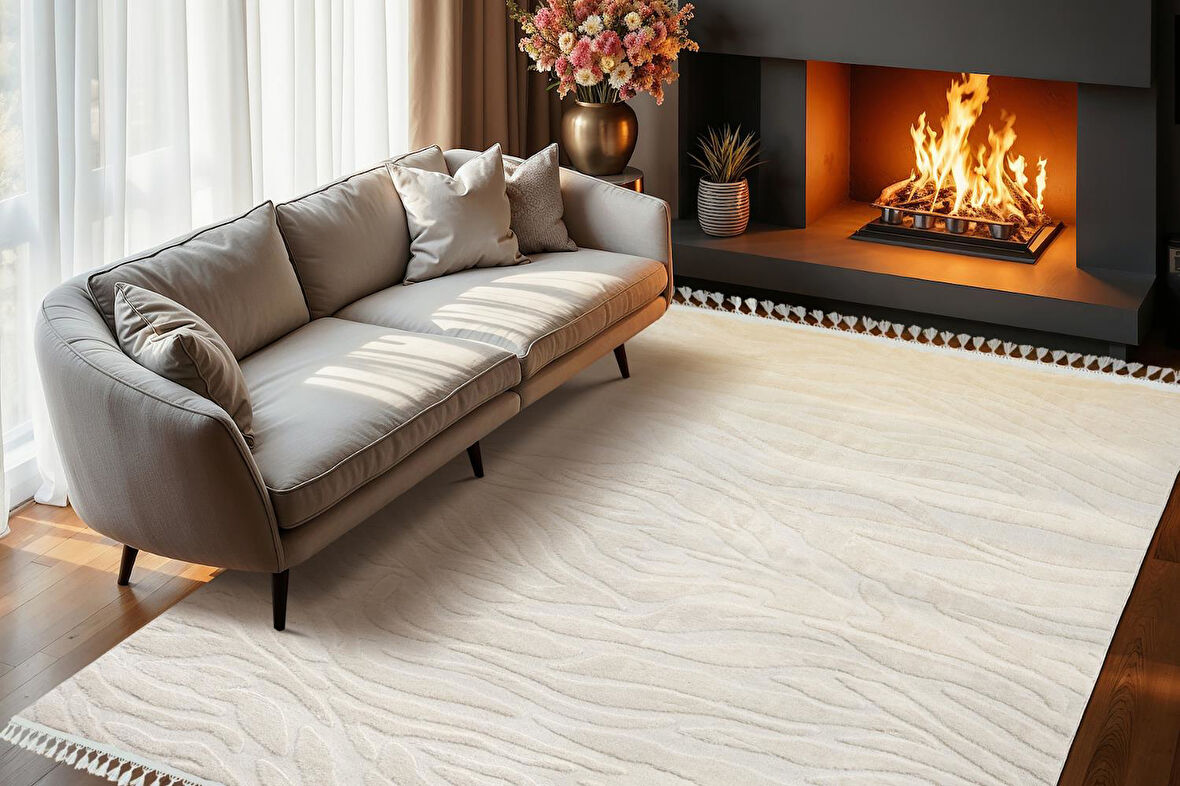 Dinarsu Alaçatı Püsküllü Halı 150x230 Hex Açık Bej