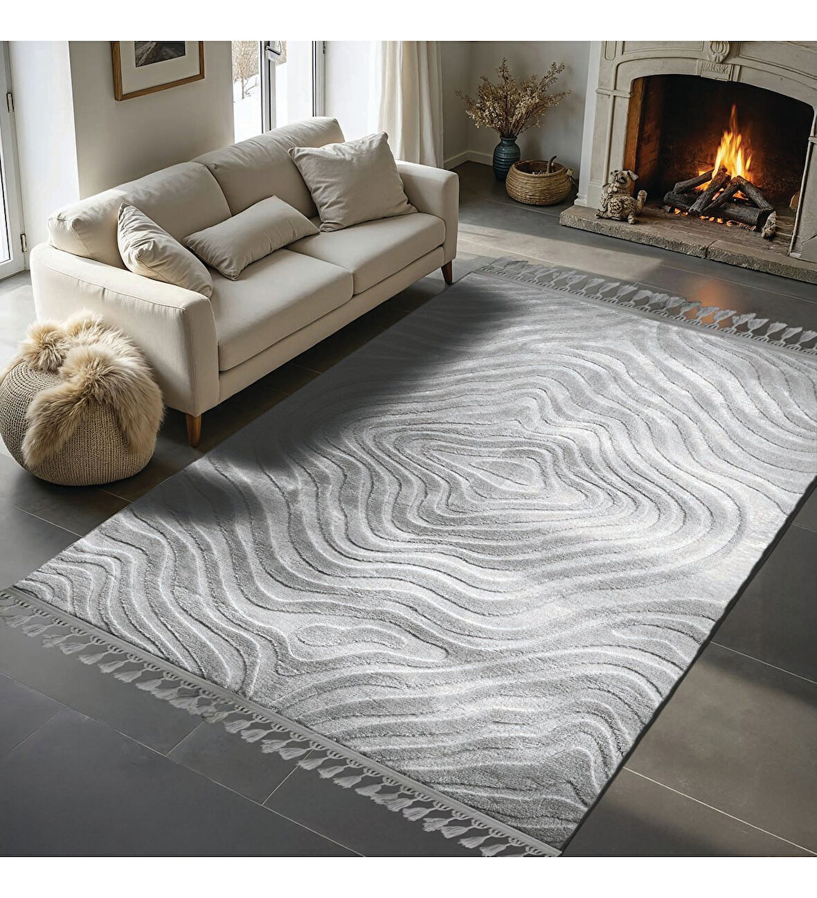 DİNARSU ALAÇATI PÜSKÜLLÜ PARÇA HALI 150X230 LOTS GRİ