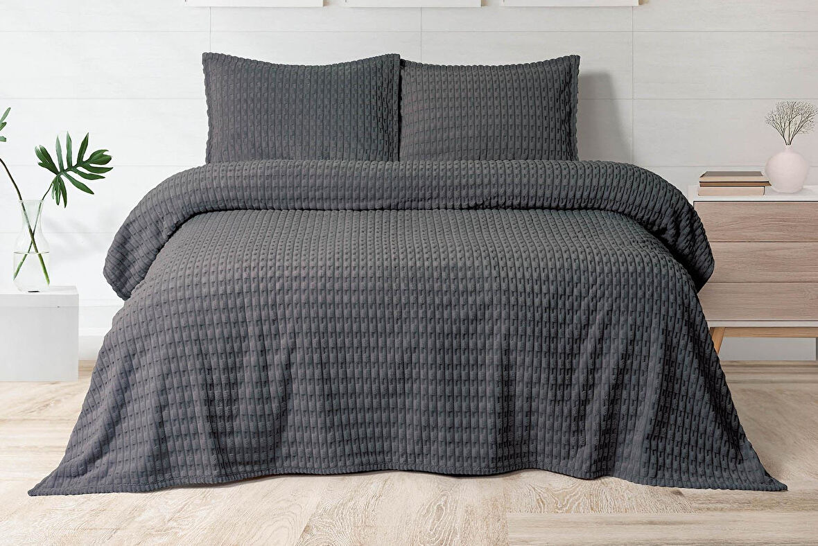 Merinos Modern Twist 3 Parça Çift Kişilik Battaniye Seti Kutulu 220x240 Koyu Gri