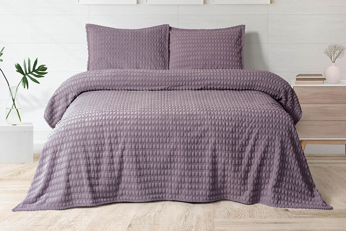 Merinos Modern Twist 3 Parça Çift Kişilik Battaniye Seti Kutulu 220x240 Mürdüm