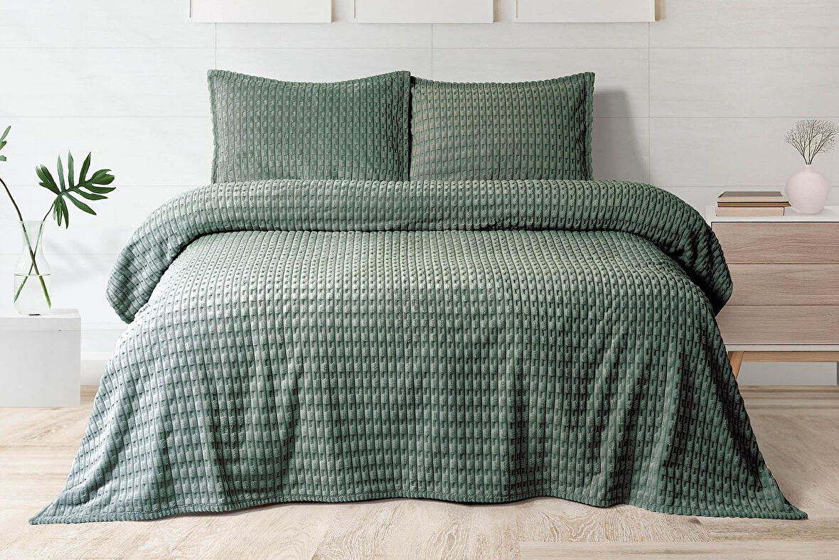 Merinos Modern Twist 3 Parça Çift Kişilik Battaniye Seti Kutulu 220x240 Haki