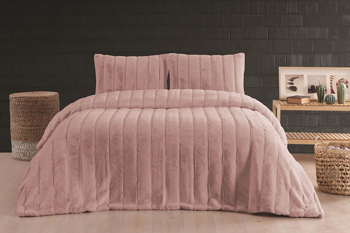 Merinos Luxe 3 Parça Çift Kişilik Yatak Örtüsü Seti Kutulu 230x250 Çizgili Pudra