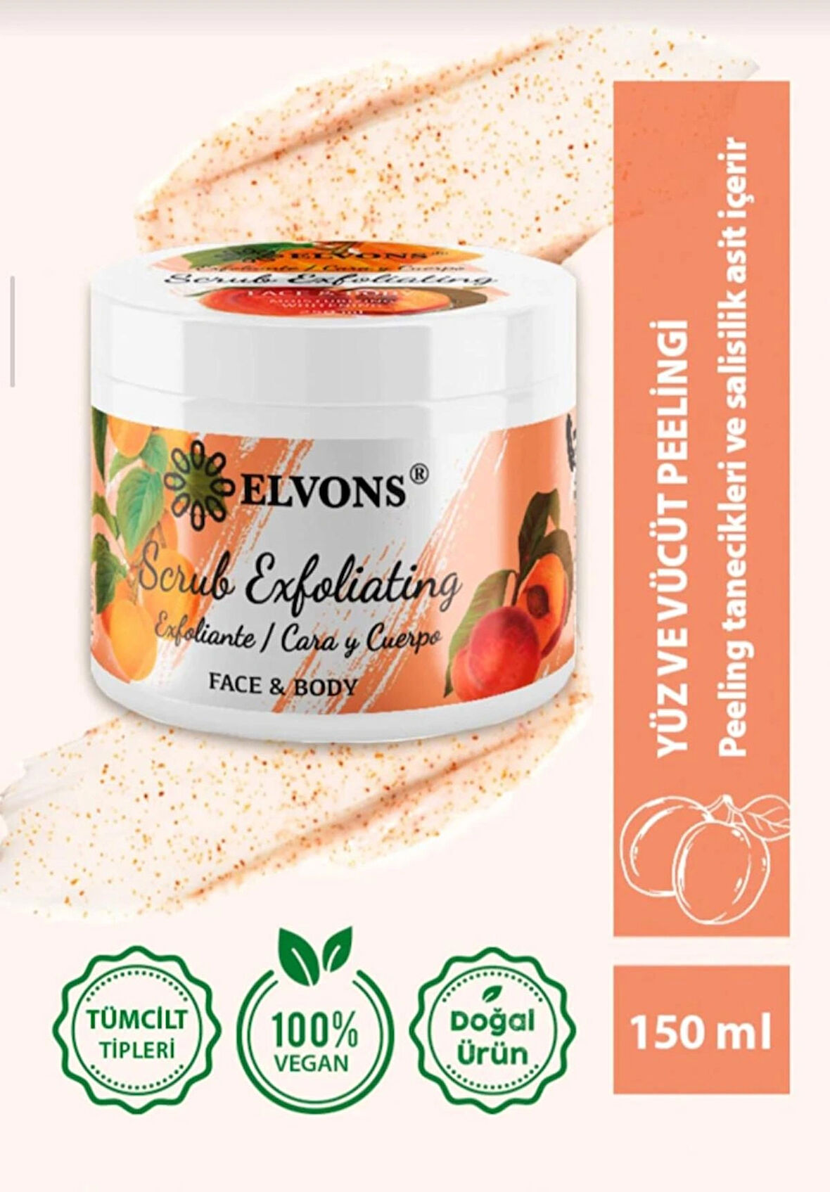Elvons Scrub, Kayısı Parçacıklı Yüz, Vücut Peeling, Ölü Hücre Temizleme, Malik Asit, Glikolik Asit, 150 ml
