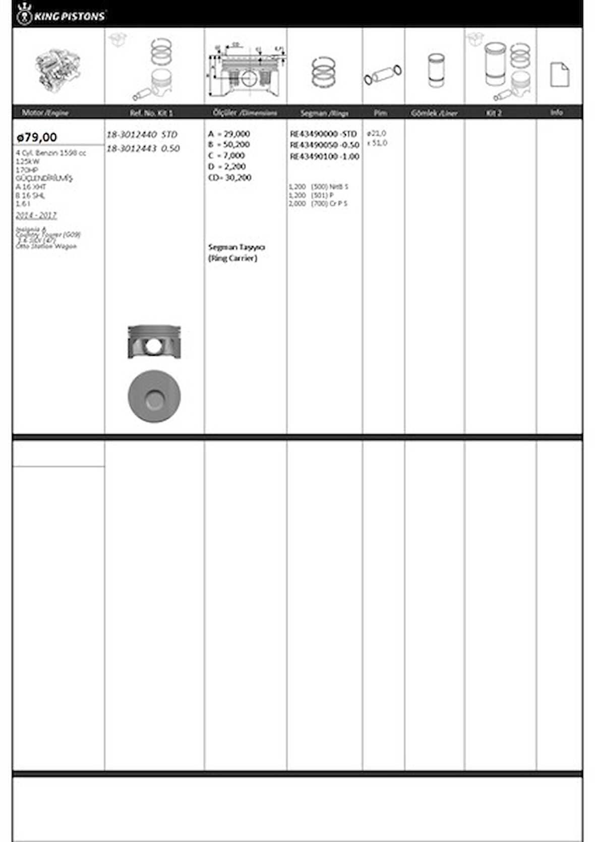 Opel Motor Piston+segmanı ( Riken )  79,00+stdmm Cap İnsignia A Country Tourer (g09) 1.6 Sidi (47) Otto S - Kingpiston 18-3012440