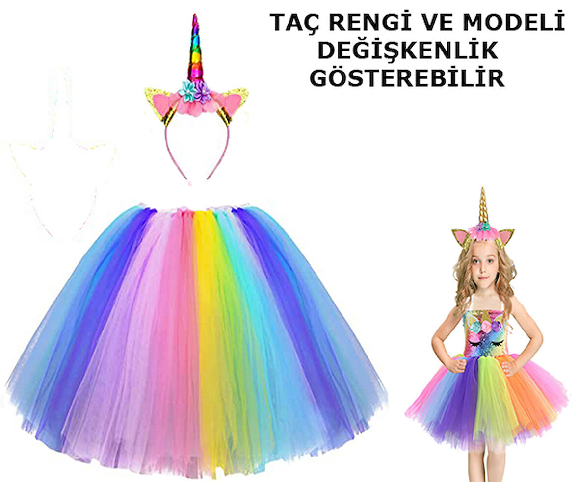 Unicorn Tütü Etek ve Taç Seti - Unicorn Kostüm Seti Çocuk Boy