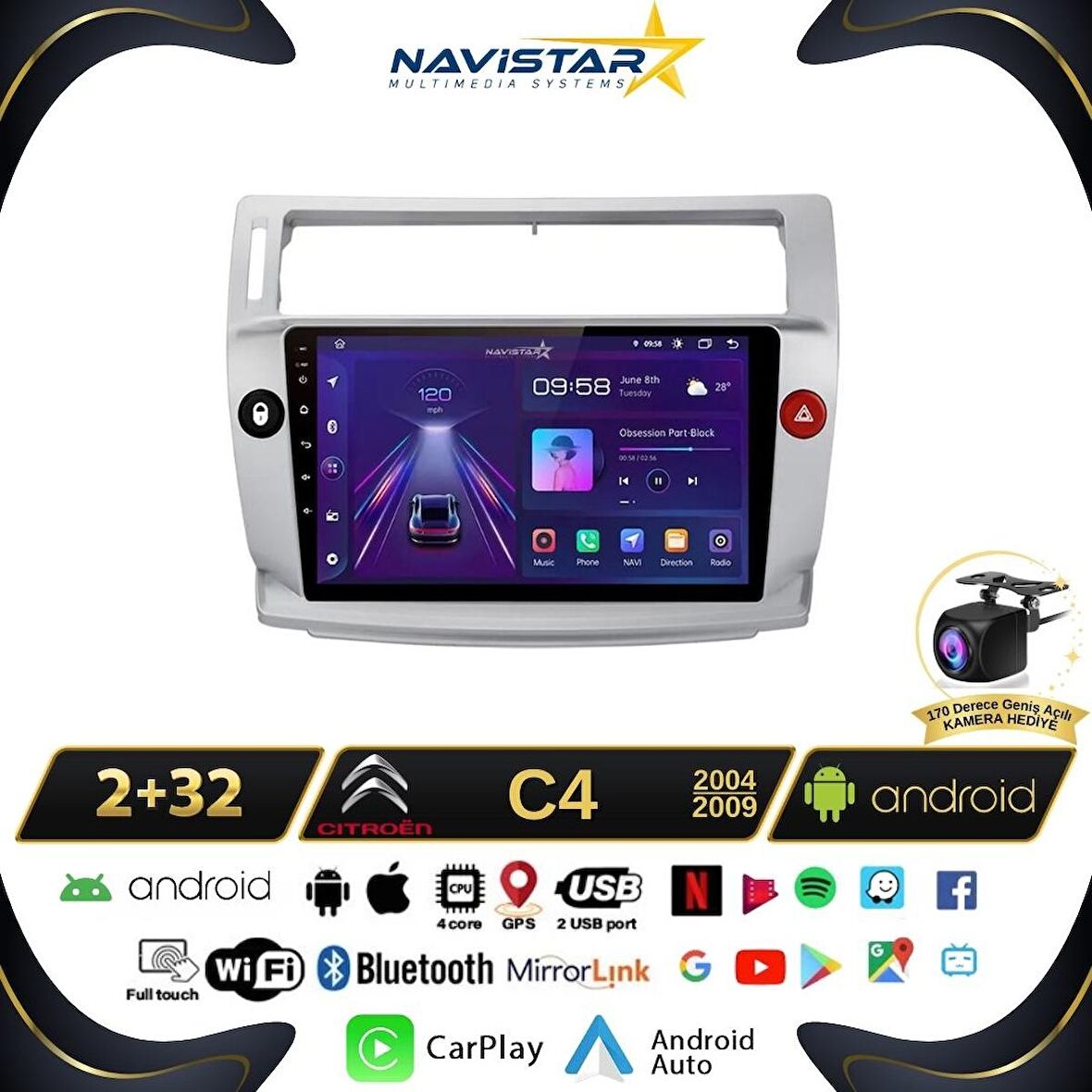 Citroen C4 2004-2009 Model 2GB + 64GB Android 13 Kablosuz Carplay Navigasyon Multimedya Sistemi 