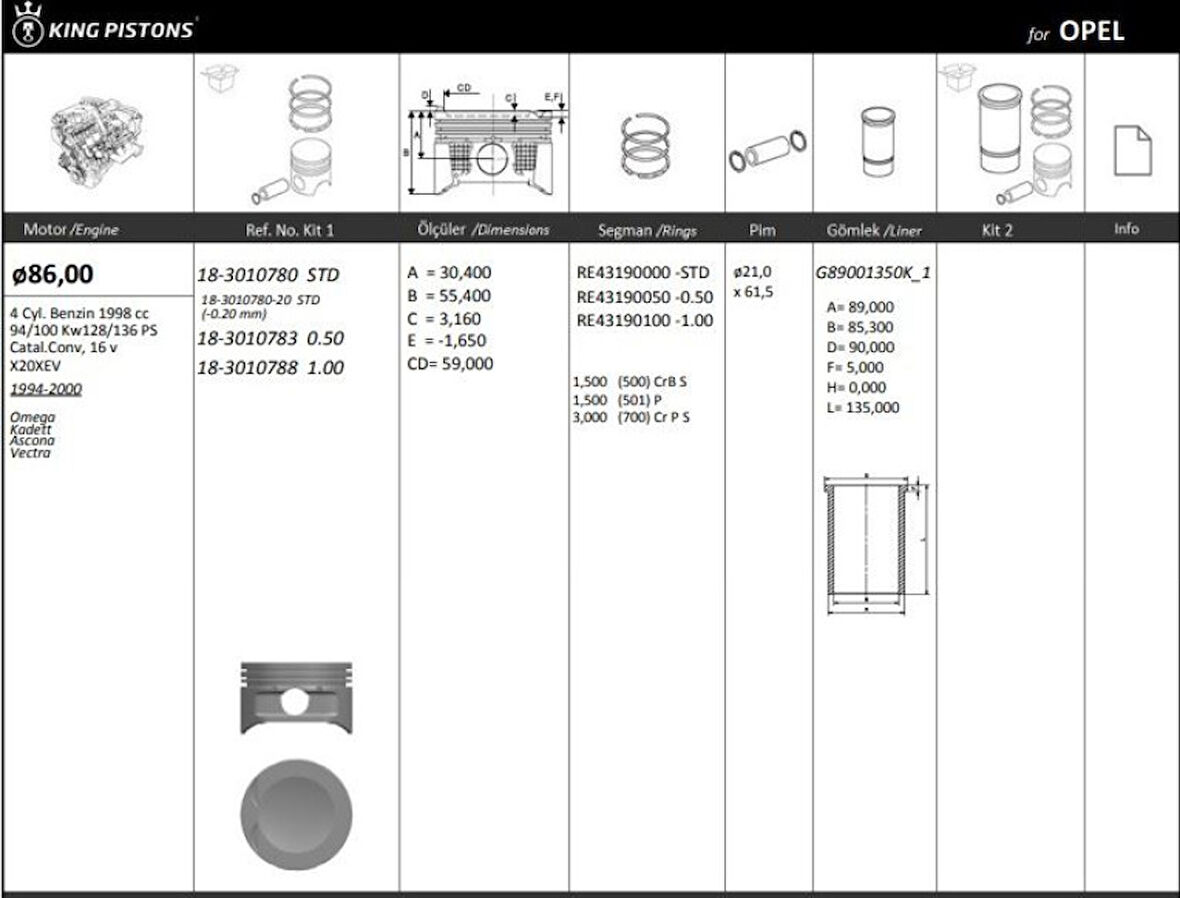 Opel Motor Piston+segmanı ( Riken )  86,00+stdmm Cap Omega Kadett Ascona Vectra Leganza Frontera X22xe-X2 - Kingpiston 18-3010730