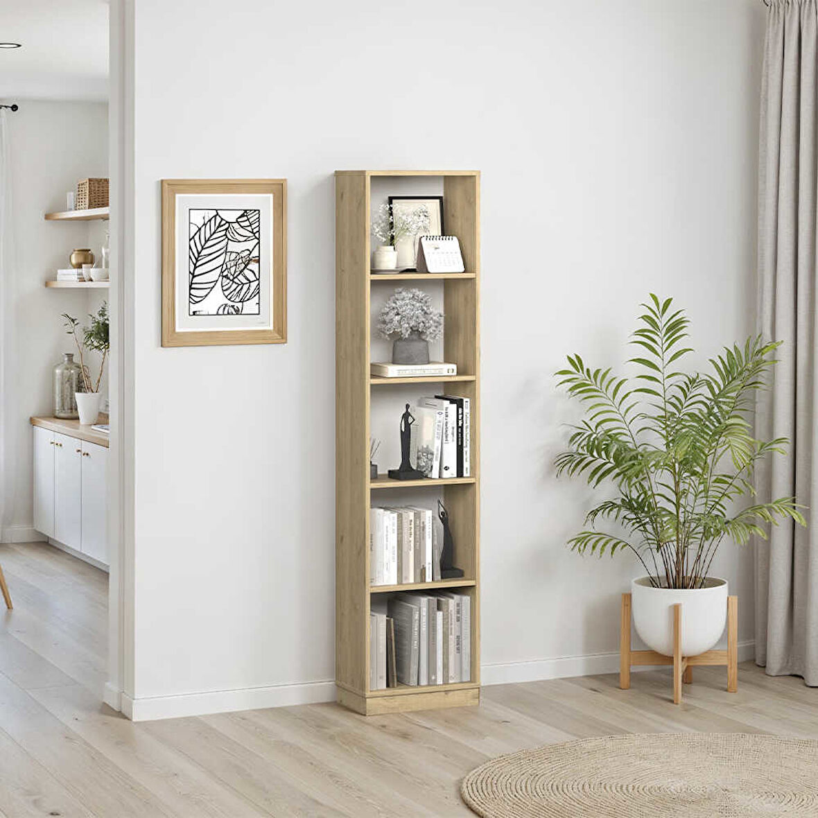 Modern 5 Raflı Kitaplık - Florida Meşe 43x182x26 cm