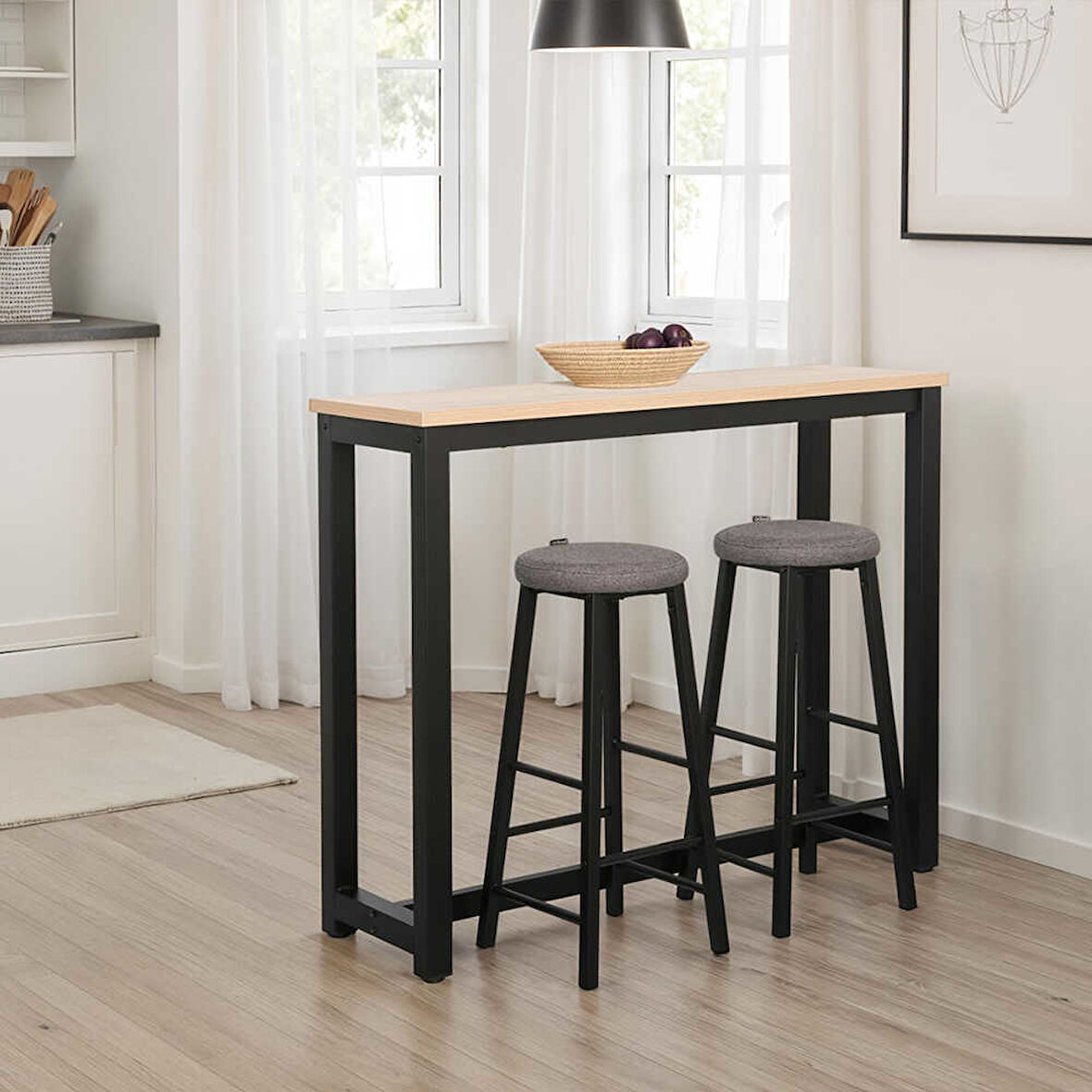 High-Rise 2 Tabureli Yüksek Ayaklı Yemek Masası - Ceviz/ Siyah 120x40x100