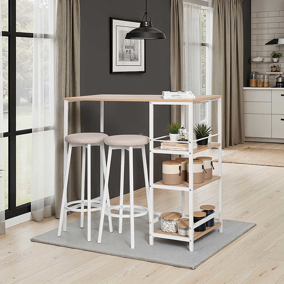 Step-Up 2 Tabureli Yüksek Ayaklı Raflı Mutfak Masa Takımı - Beyaz 100x50x100