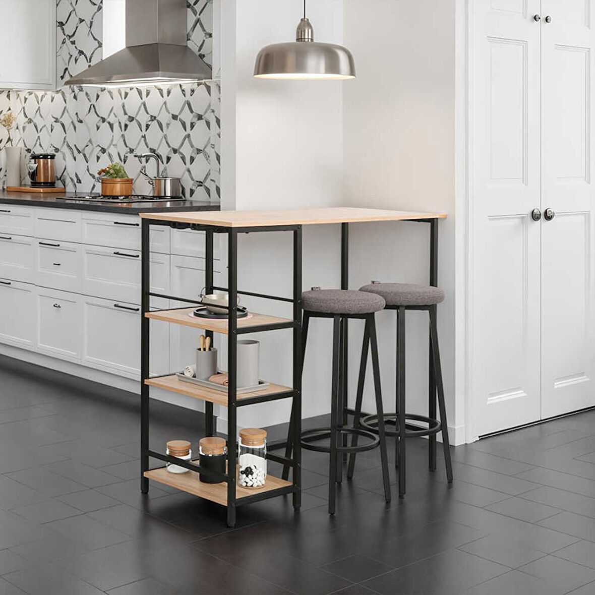 Step-Up 2 Tabureli Yüksek Ayaklı Raflı Yemek Masası Ceviz/Siyah 100x50x100