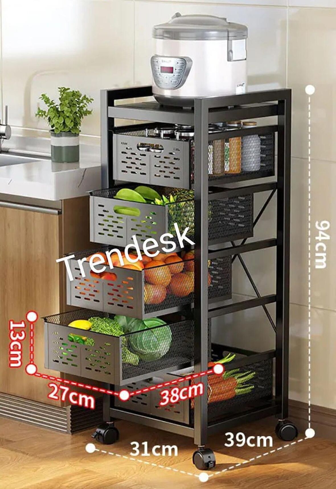 Trendesk 5 Katlı Metal Siyah Çok Amaçlı Patates Soğan Sebze Meyve Sepeti Sebzelik Tekerlekli