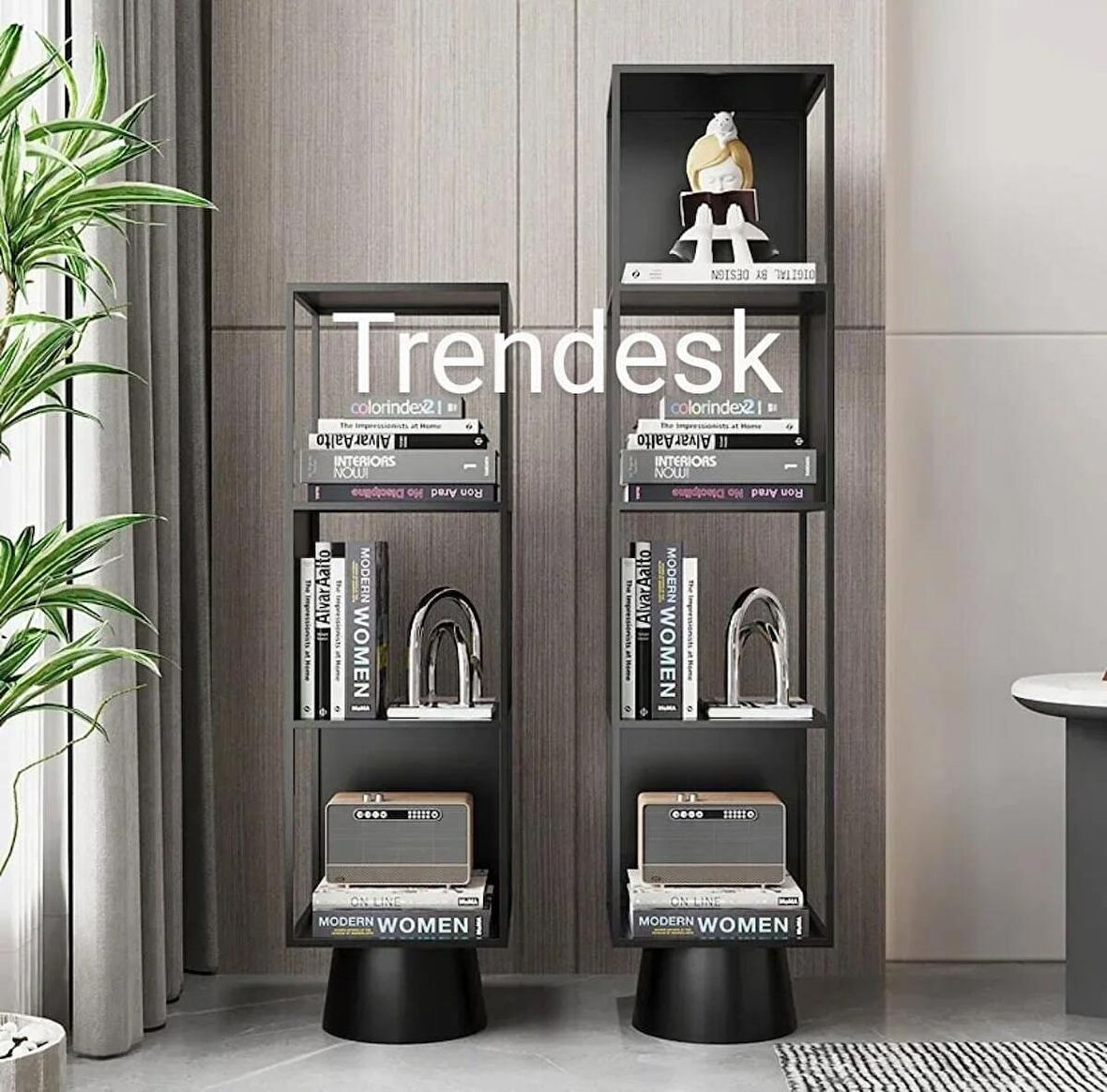 Trendesk Metal Siyah 3 Katlı Köşe Kitaplık  90-28-28 cm