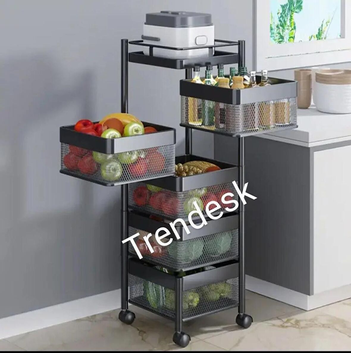 Trendesk Trendesk  5 Katlı Luxx  Mat Siyah Metal Patates Soğan Sebze Meyve Sepeti Sebzelik Tekerlekli