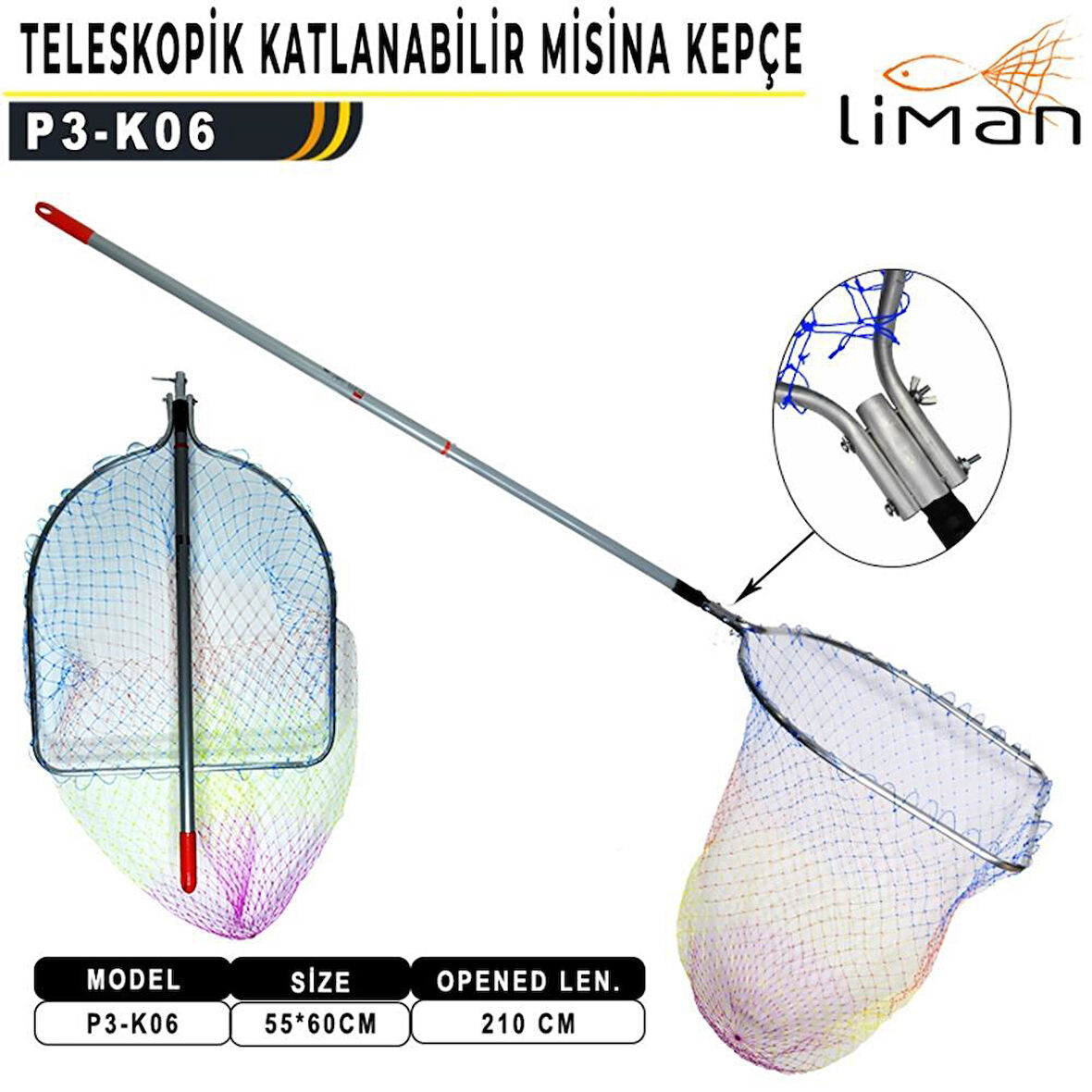 PortFish Teleskopik Katlanır Kepçe 50x60x210cm (Renkli Misina) K-06