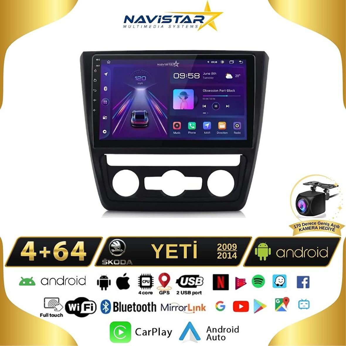 Skoda Yeti 4GB + 64GB 2009-2014 Model Android 13 Kablosuz Carplay Navigasyon Multimedya Sistemi 