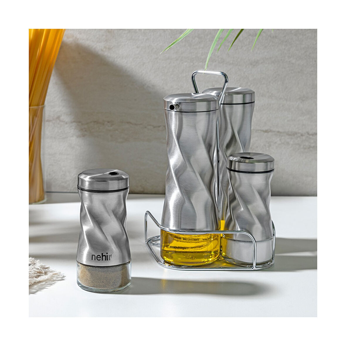 NEHİR BURGULU STANDLI 4 PARÇA YAĞDANLIK VE BAHARATLIK SETİ PASLANMAZ ÇELİK 105-260ML