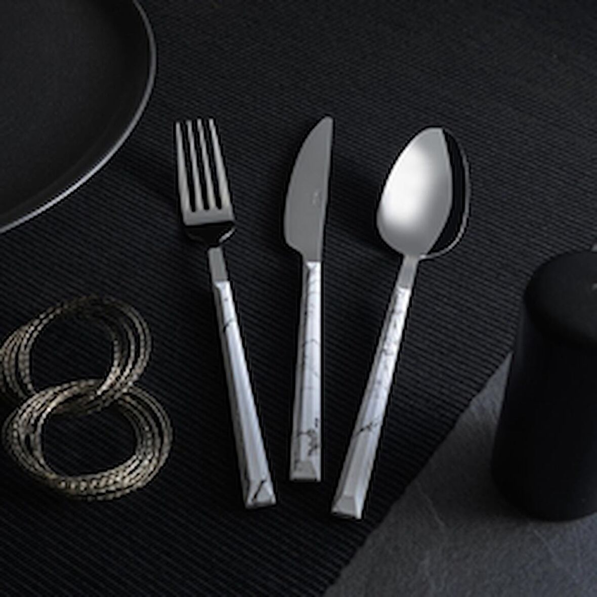 Nehir Flore Parlak Beyaz Mermer 36 Parça Çatal Bıçak Kaşık Takımı