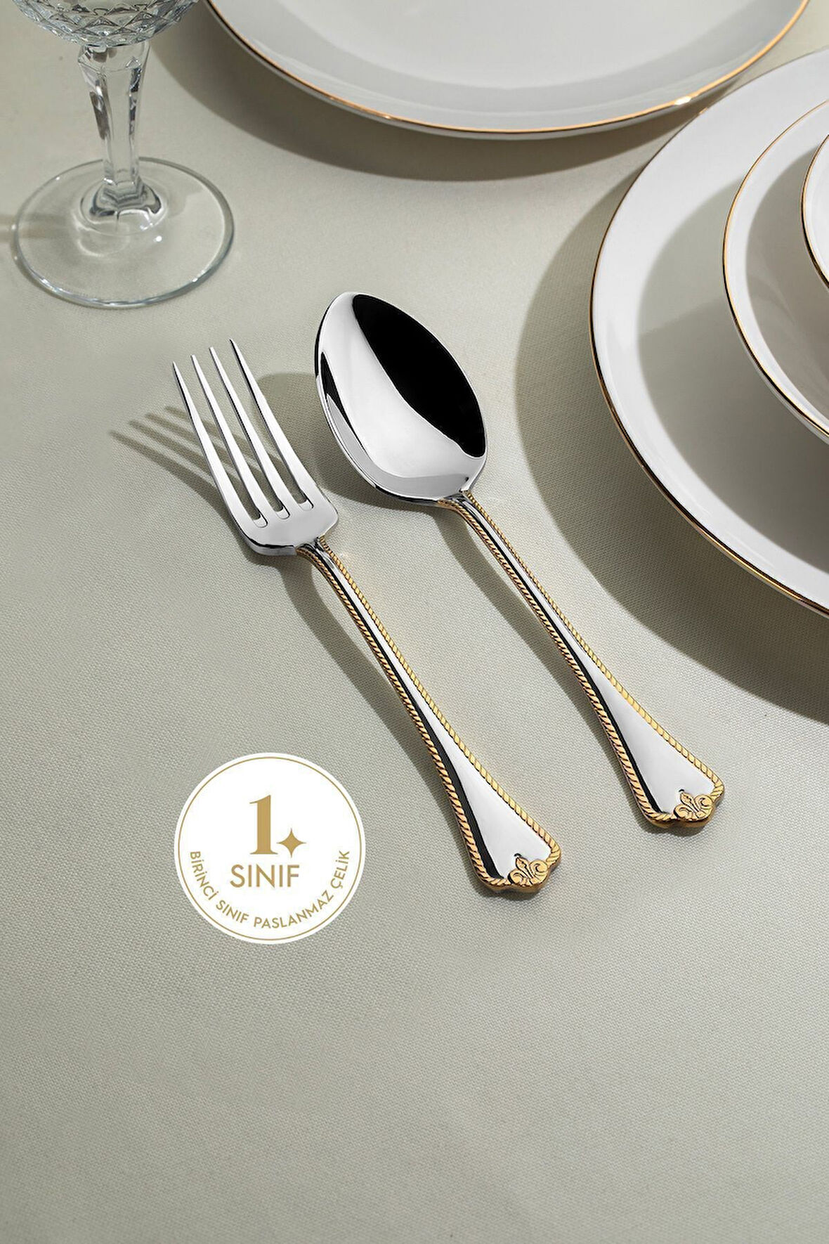 Nehir Fulya Altın Sade 12 Kişilik 60 Parça Çatal Kaşık Takımı 
