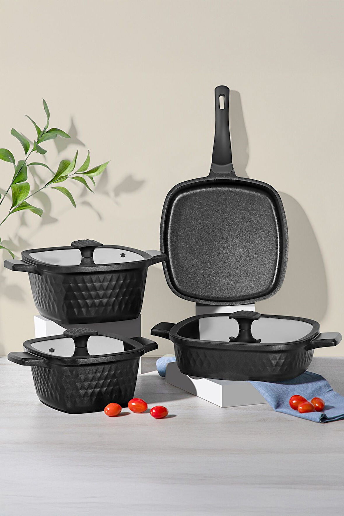 Nehir Royal Elite Square Siyah Alüminyum Döküm 7 Parça Tencere Set 